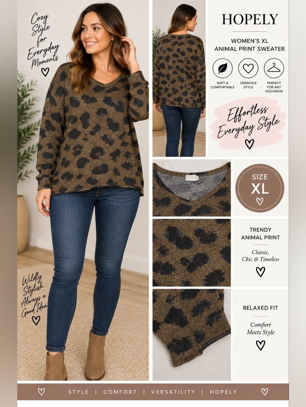 Hopely Women's XL brown animal print sweater #30